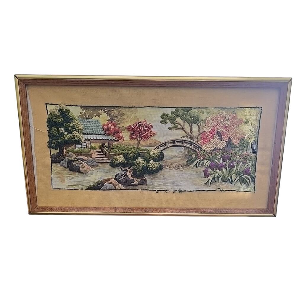 VTG Oriental Tea Garden Hand Stitched Embroidered Cottagecore Needlework 11"x21"